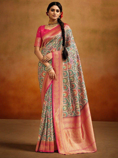 Marvelous Multi-Color Kalamkari Printed Banarasi Silk Festival Wear Saree