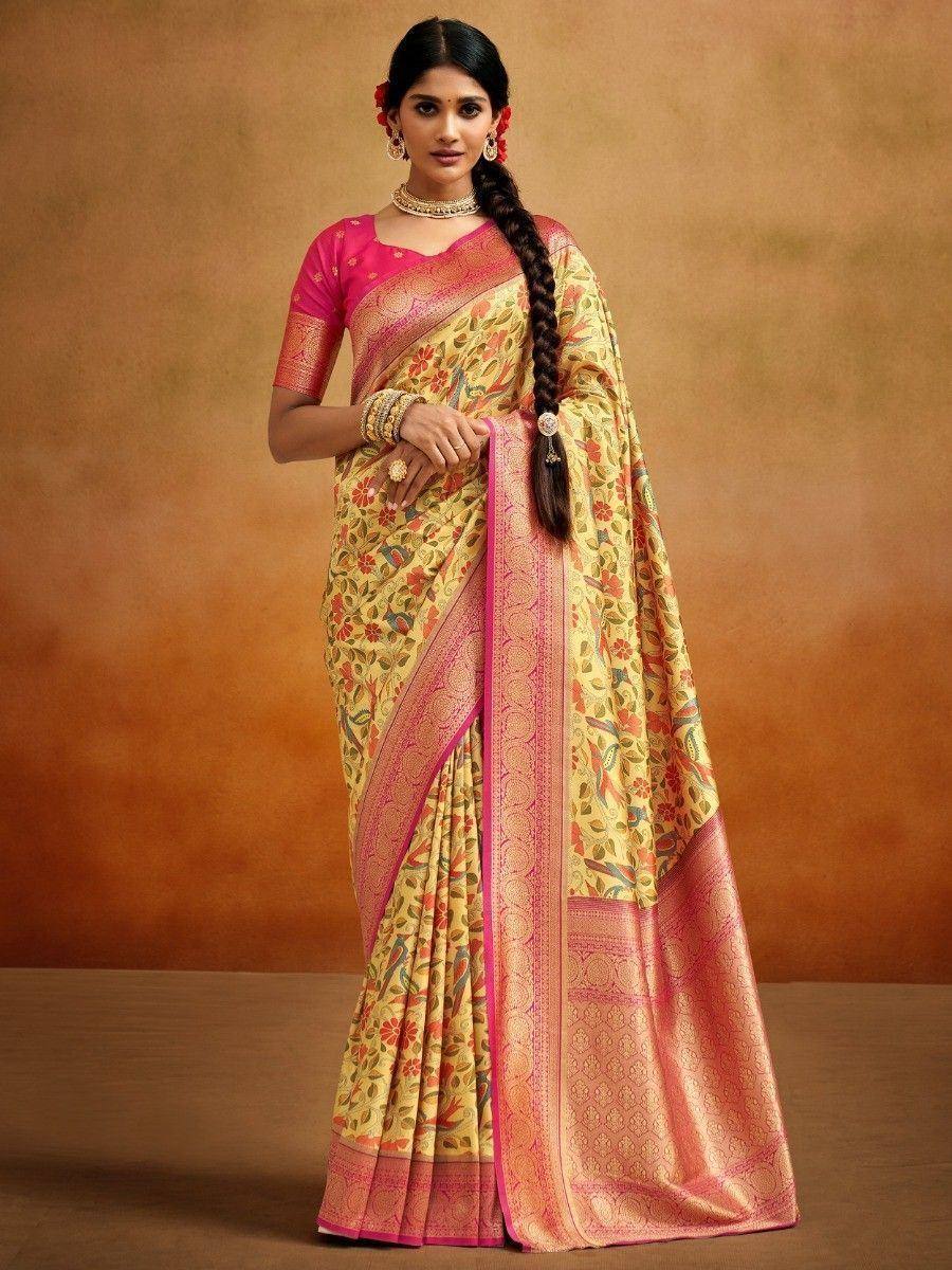 Yellow floral saree with pink border and blouse, Indian ethnic wear for women