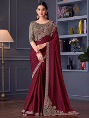 Spectacular Maroon Embroidered Satin Wedding Wear Saree With Blouse