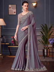 Attractive Purple Embroidered Chiffon Party Wear Saree With Blouse