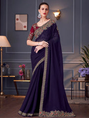 Desirable Purple Embroidered Georgette Event Wear Saree With Blouse