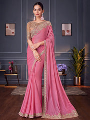 Tantalizing Pink Embroidered Silk Engagement Wear Saree With Blouse
