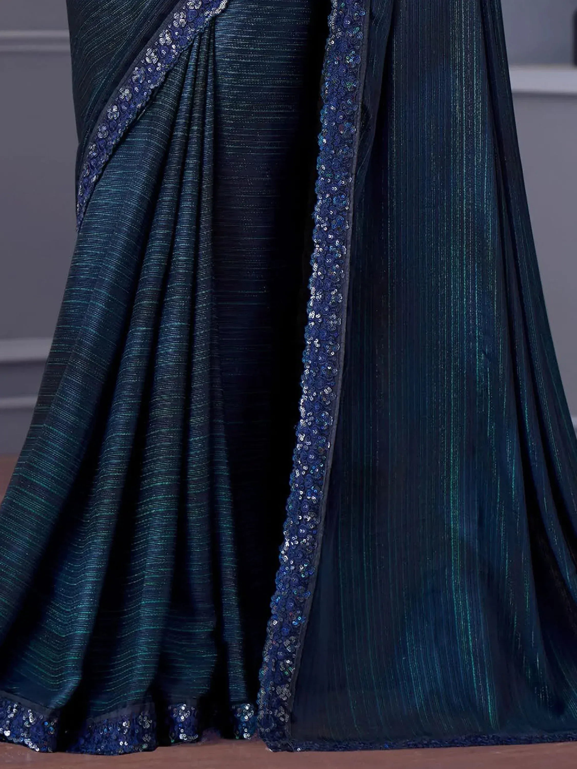 Dark blue shimmer saree with sequin border, Indian ethnic wear for women