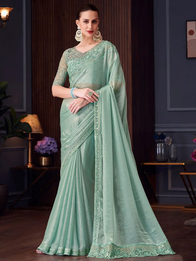 Lovable Sea Green Heavy Embroidery Silk Event Wear Saree With Blouse