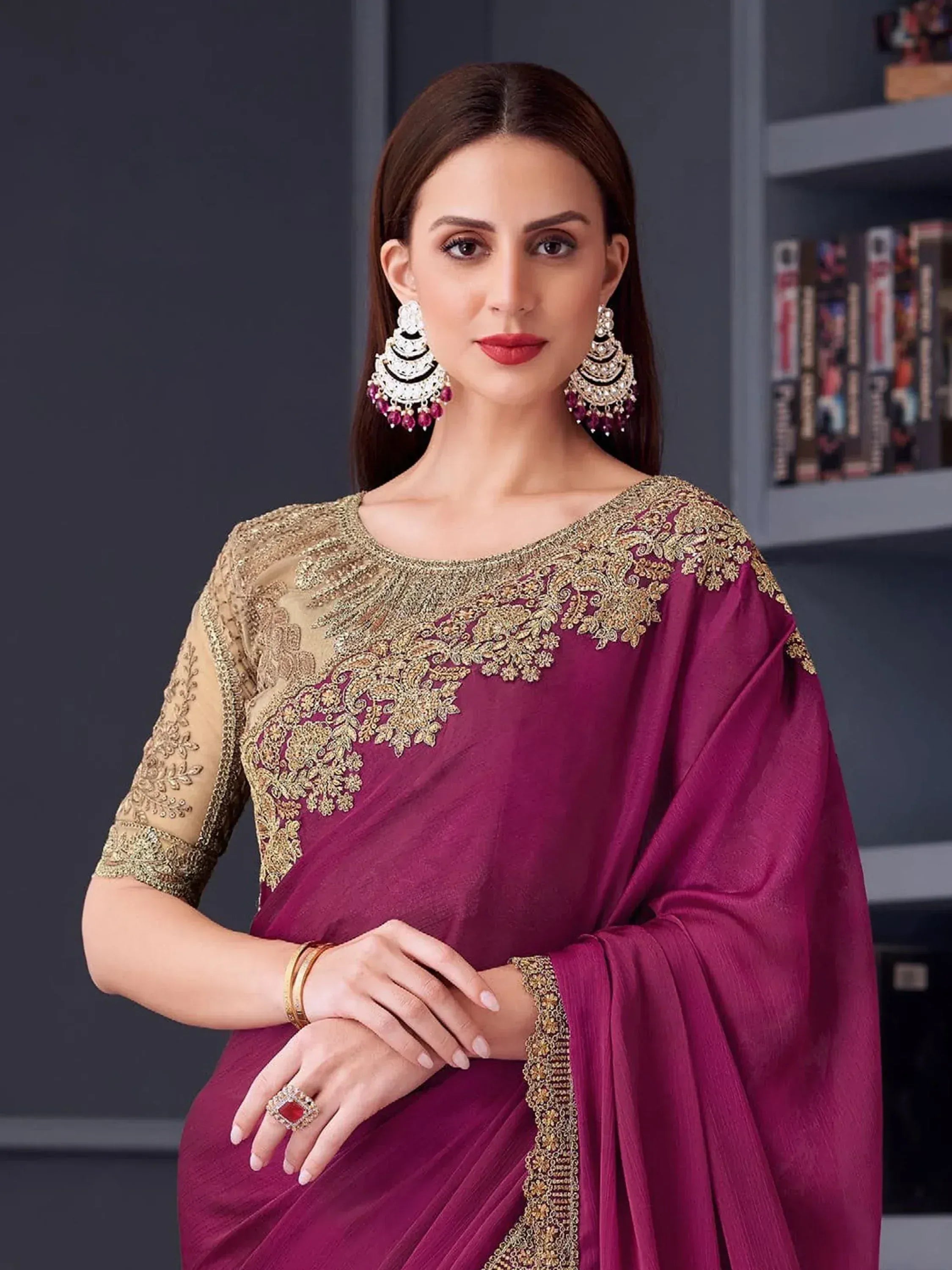 Elegant purple saree with gold embroidery, perfect for Indian ethnic wear and festive occasions.