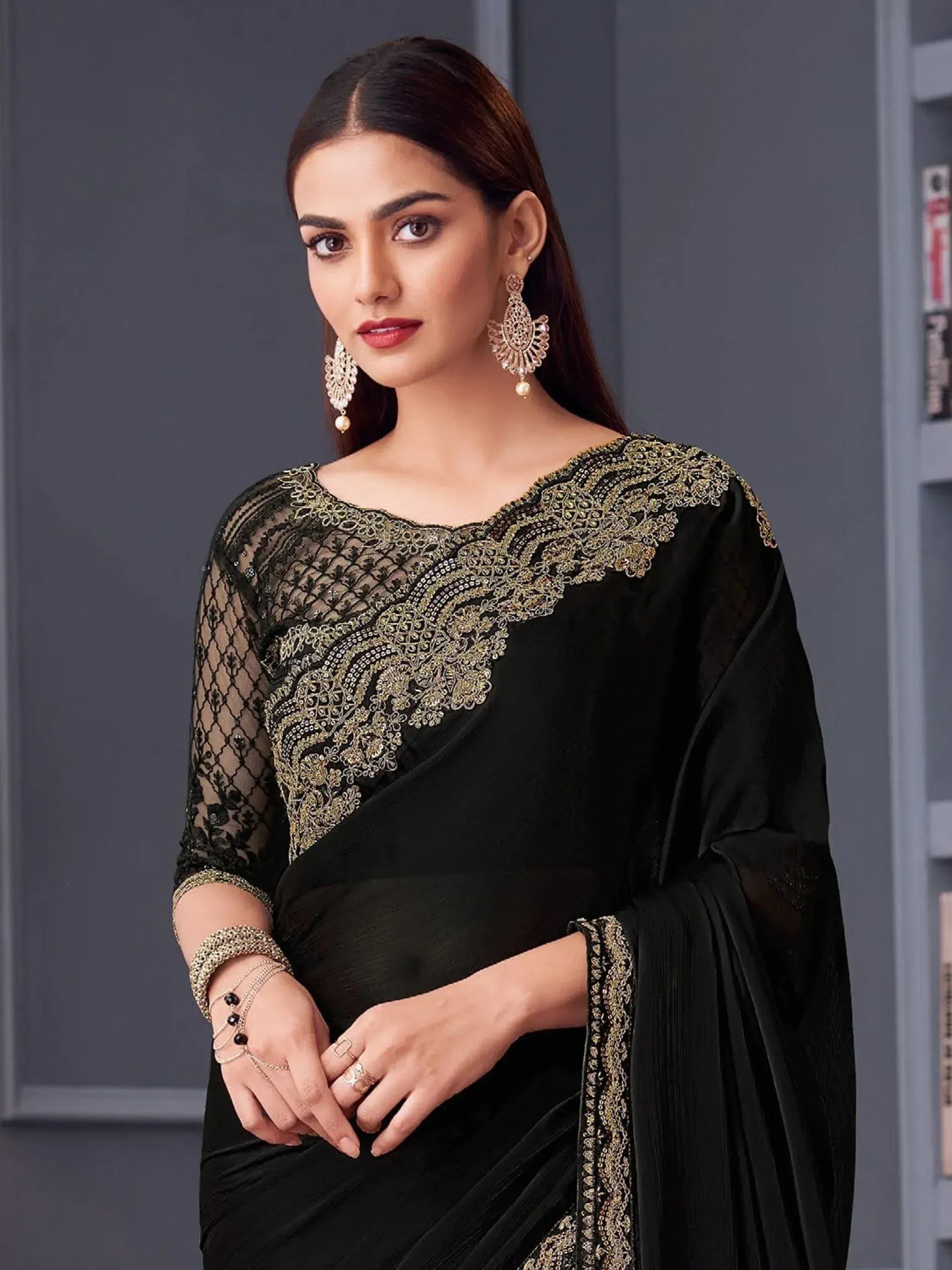 Black saree with gold embroidery and sheer blouse, Indian ethnic wear for women