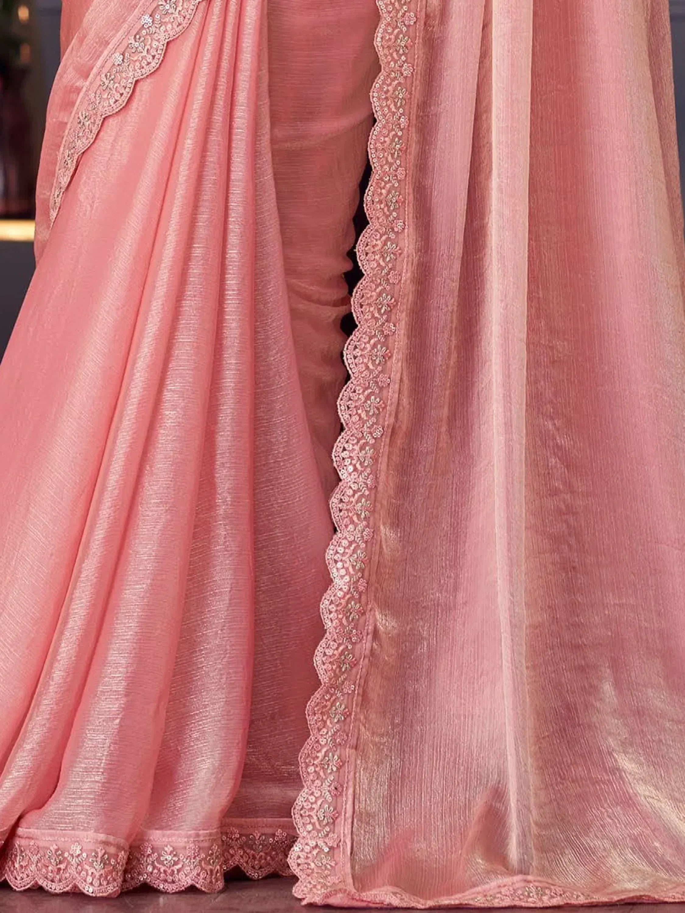 Fantastic Peach Color Embroidered Silk Event Wear Saree With Blouse