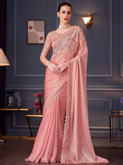 Fantastic Peach Color Embroidered Silk Event Wear Saree With Blouse