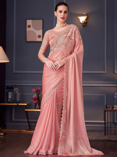 Fantastic Peach Color Embroidered Silk Event Wear Saree With Blouse