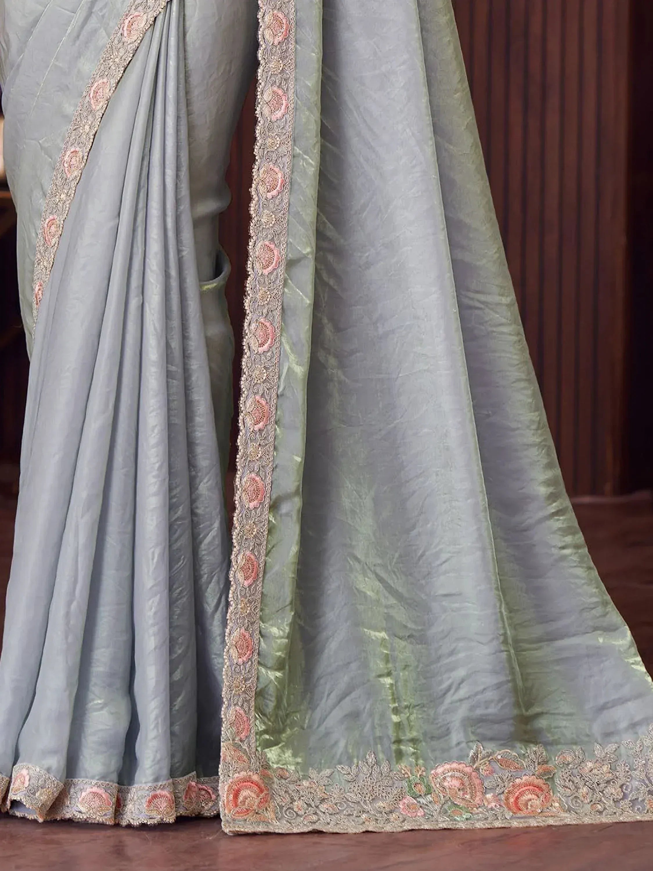 Grey silk saree with pink floral embroidery and lace border, Indian ethnic wear