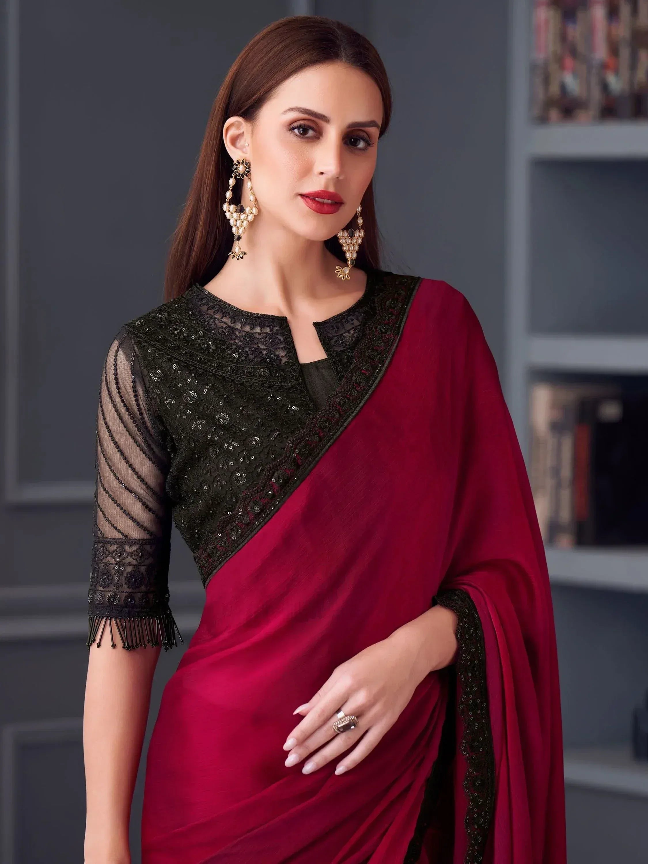 Elegant maroon saree with black sequin blouse, perfect for Indian ethnic wear occasions