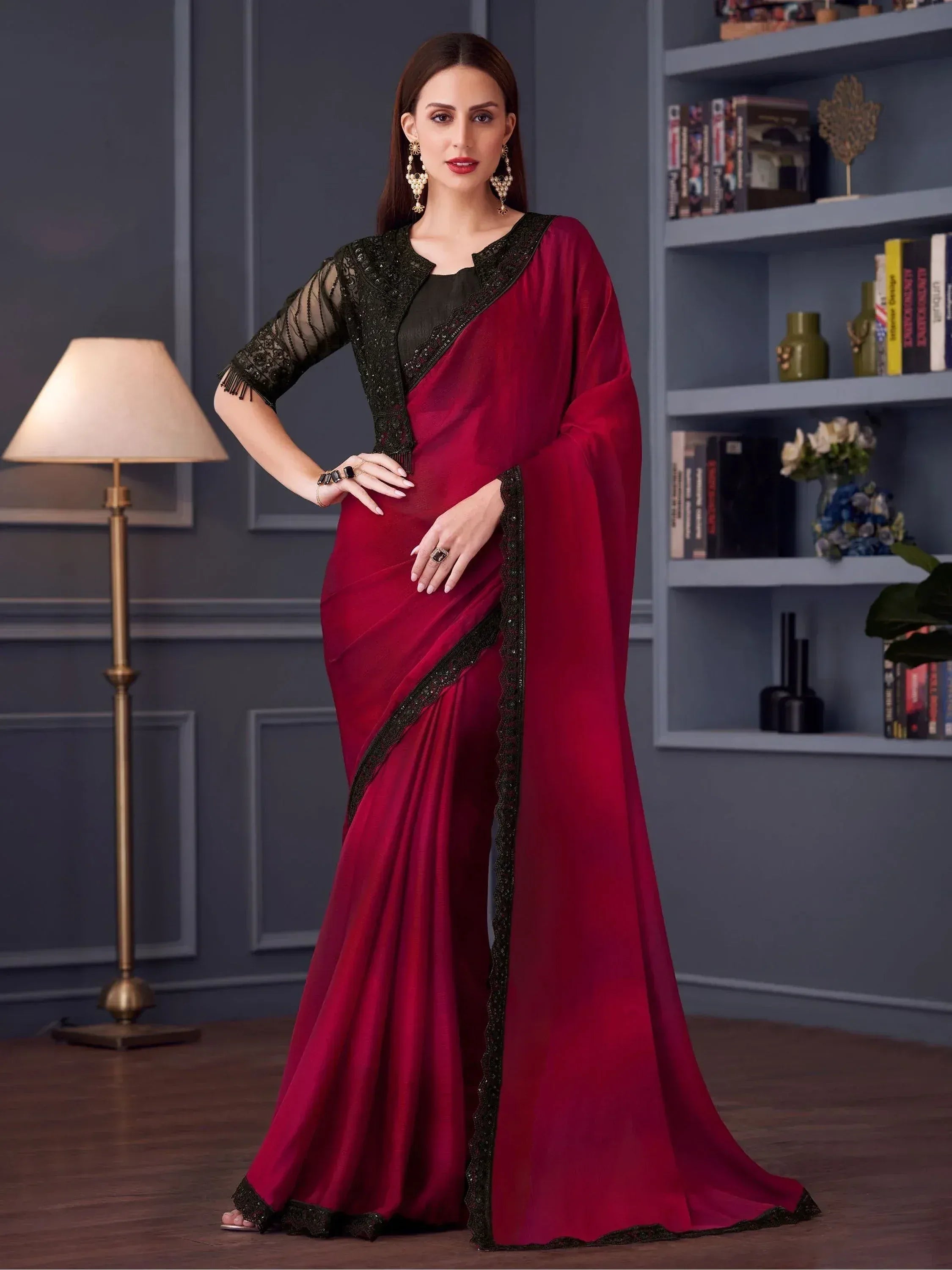 Elegant maroon saree with black embroidered blouse, perfect for Indian ethnic occasions