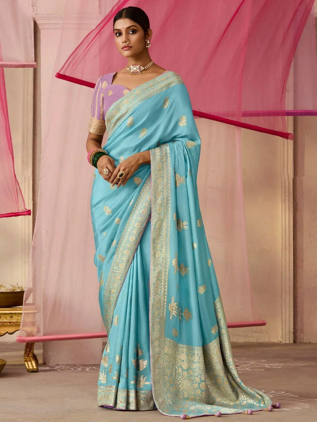 Blue silk saree with gold embroidery and purple blouse, Indian ethnic wear for women