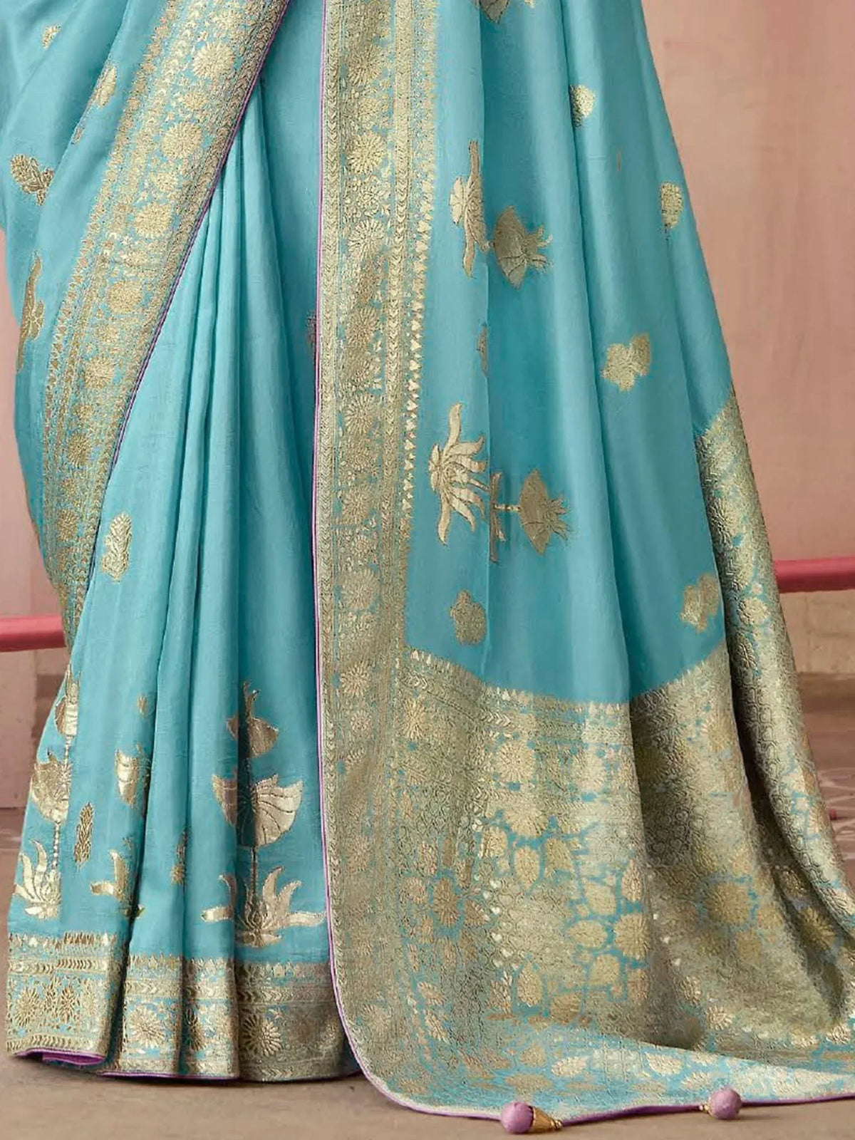 Turquoise saree with gold floral embroidery and zari border, Indian ethnic wear