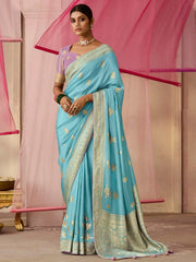 Surprising Sky Blue Zari Weaving Silk Function Wear Saree With Blouse