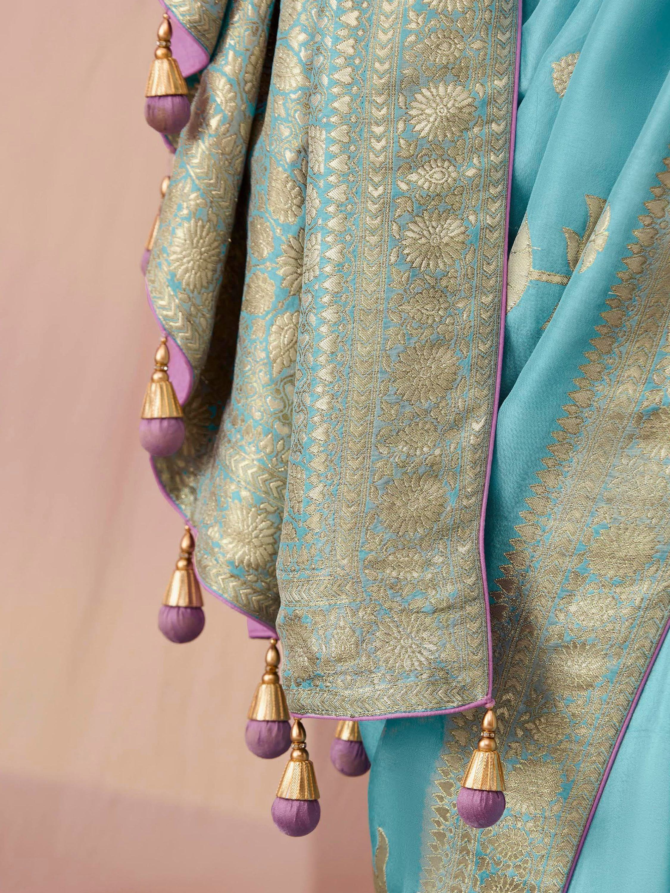 Surprising Sky Blue Zari Weaving Silk Function Wear Saree With Blouse