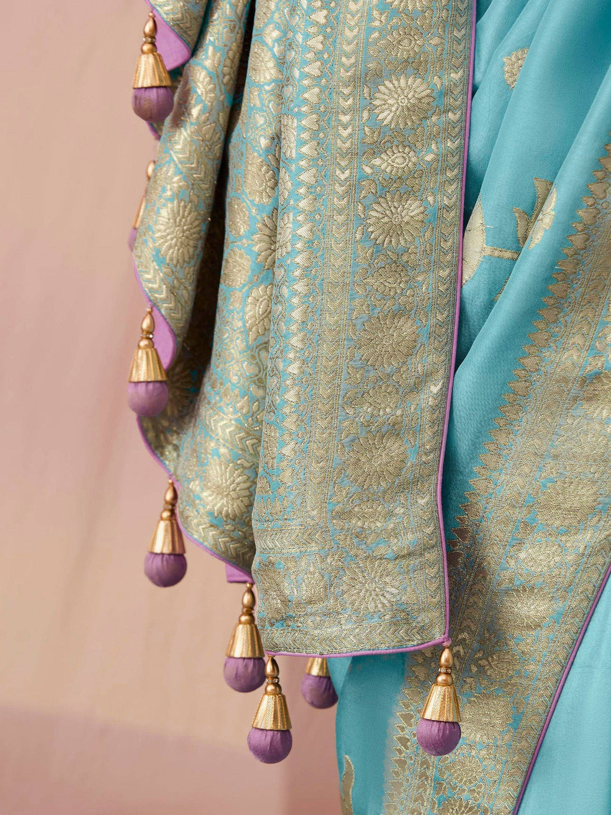 Turquoise and gold embroidered saree with purple tassels, Indian ethnic wear