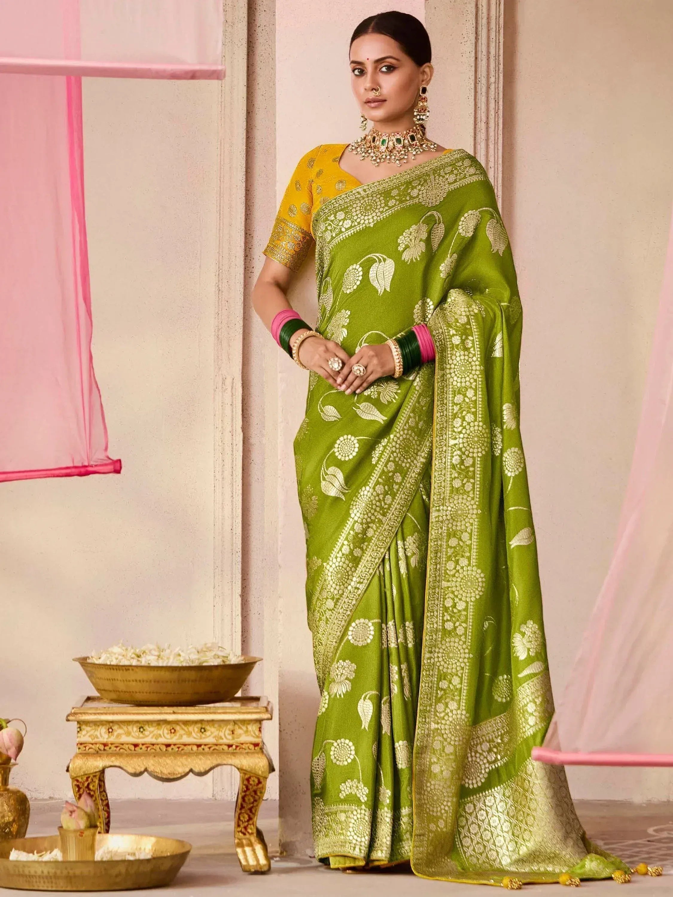 Green floral embroidered saree with yellow blouse, traditional Indian ethnic wear for women