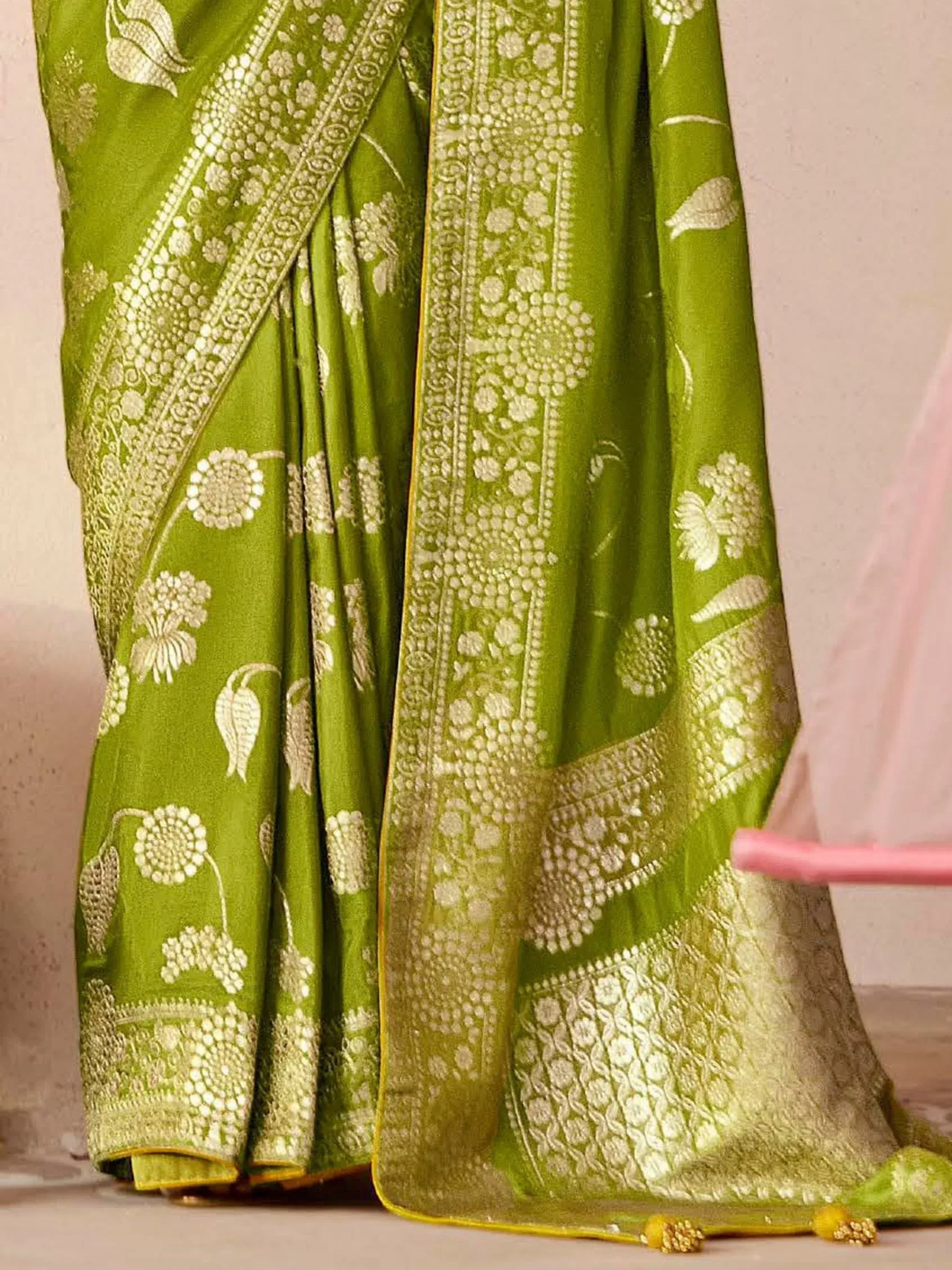 Green floral embroidered saree with golden zari border, Indian ethnic wear