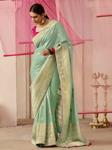 Lovely Seafoam Green Zari Weaving Silk Function Wear Saree With Blouse