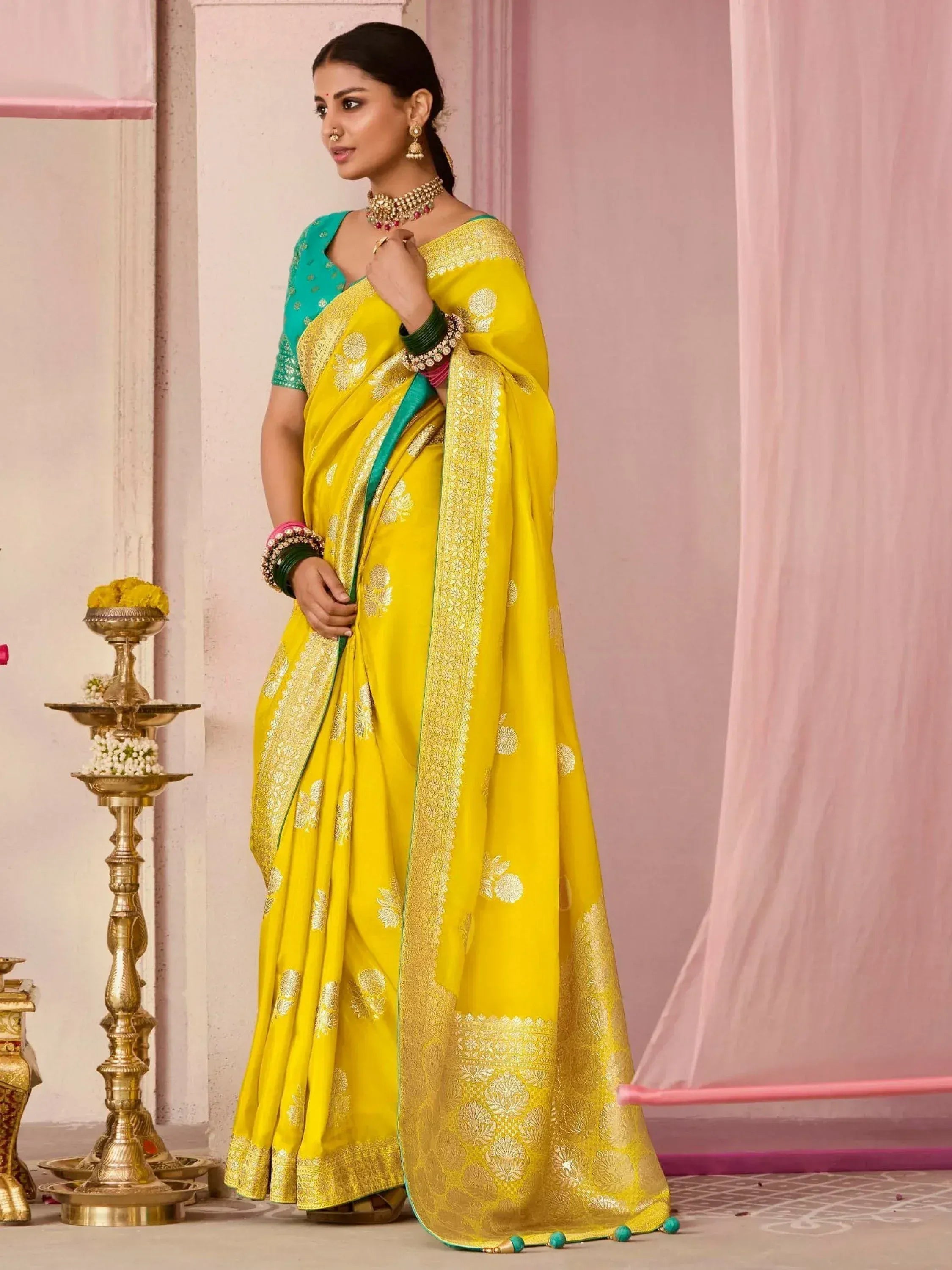 Yellow and green designer saree with gold embroidery, perfect for Indian ethnic wear occasions