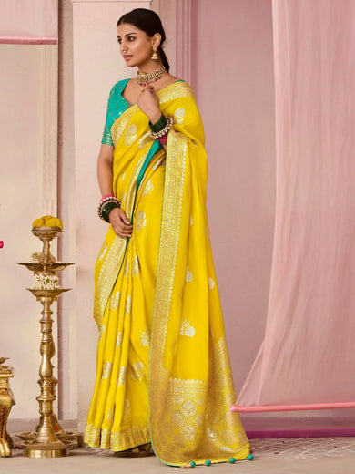 Enjoyable Yellow Zari Weaving Silk Haldi Wear Saree With Blouse