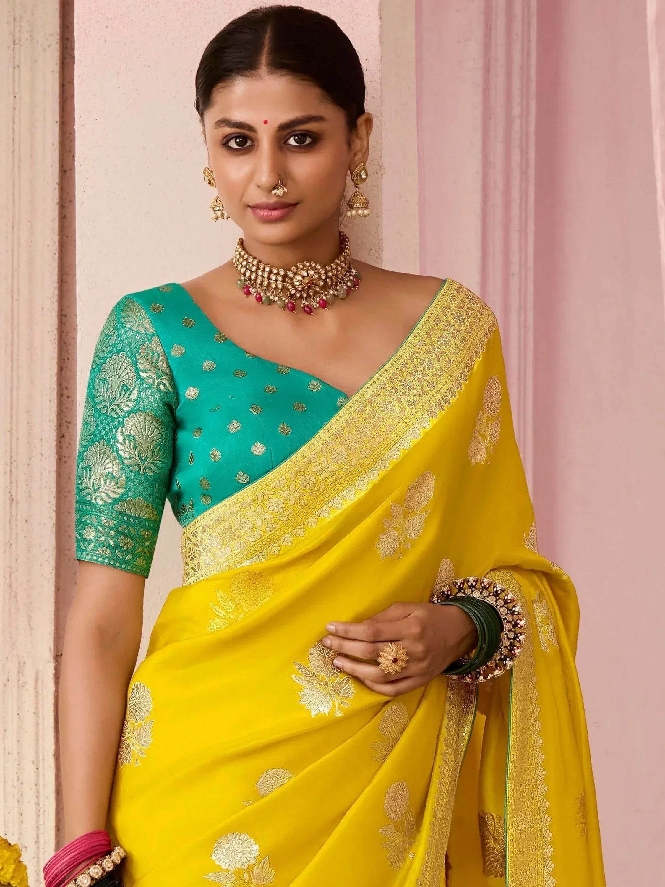 Yellow and green designer saree with gold embroidery, perfect for Indian ethnic wear occasions