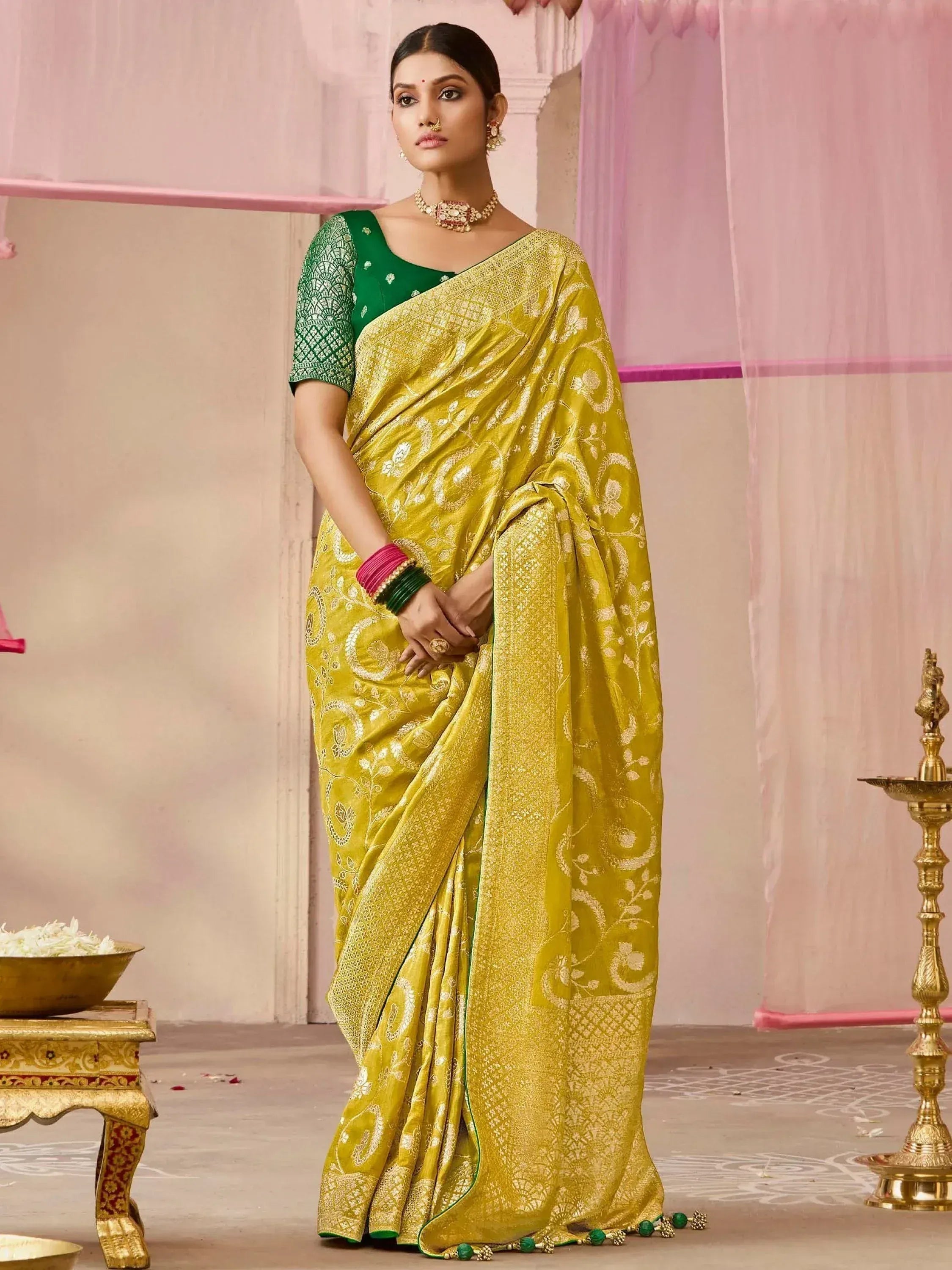 Yellow designer saree with green blouse, perfect for Indian ethnic wear occasions