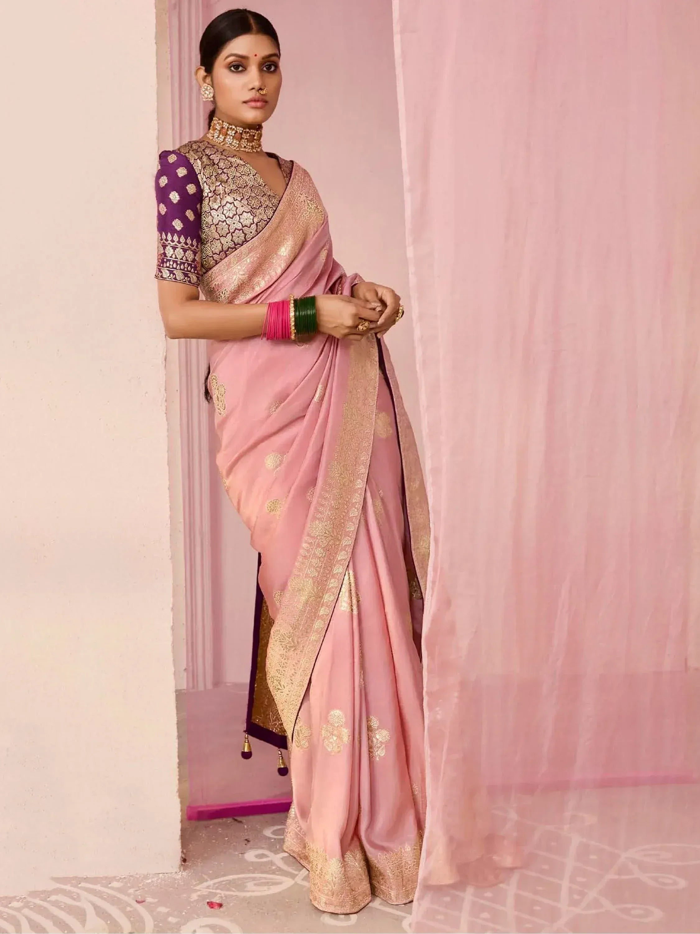 Pink and gold embroidered saree with purple blouse, Indian ethnic wear for women