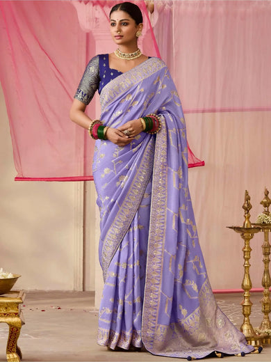 Exquisite Lavender Zari Weaving Silk Engagement Wear Saree With Blouse