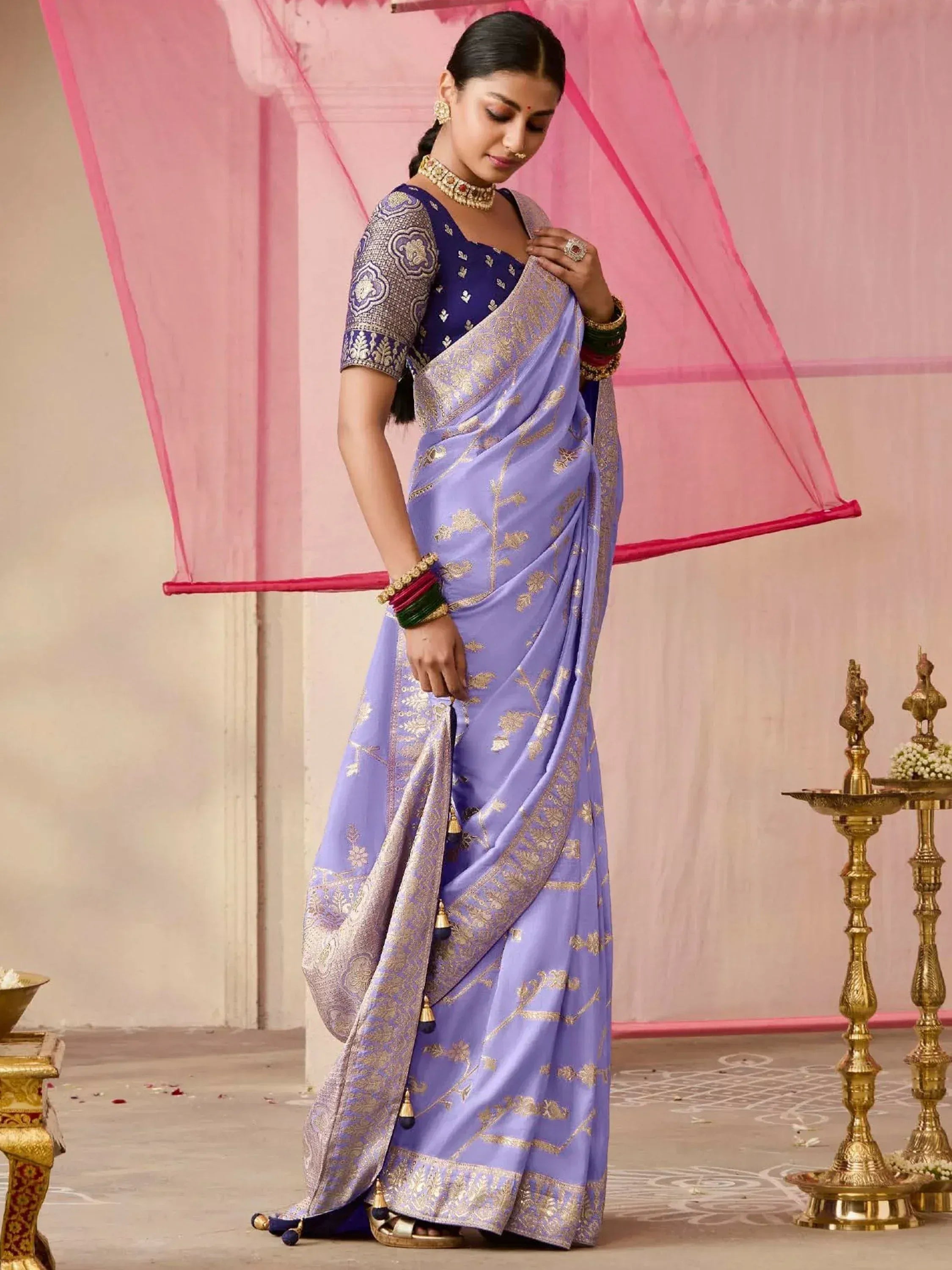 Lavender saree with gold embroidery and matching blouse, traditional Indian ethnic wear for women
