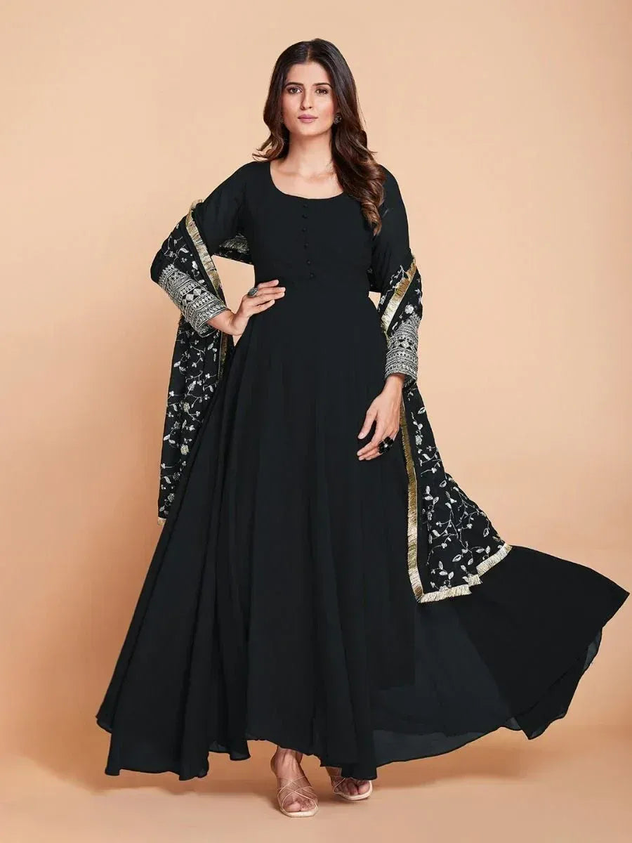 Black ethnic gown with embroidered cape, perfect for Indian festive occasions and weddings