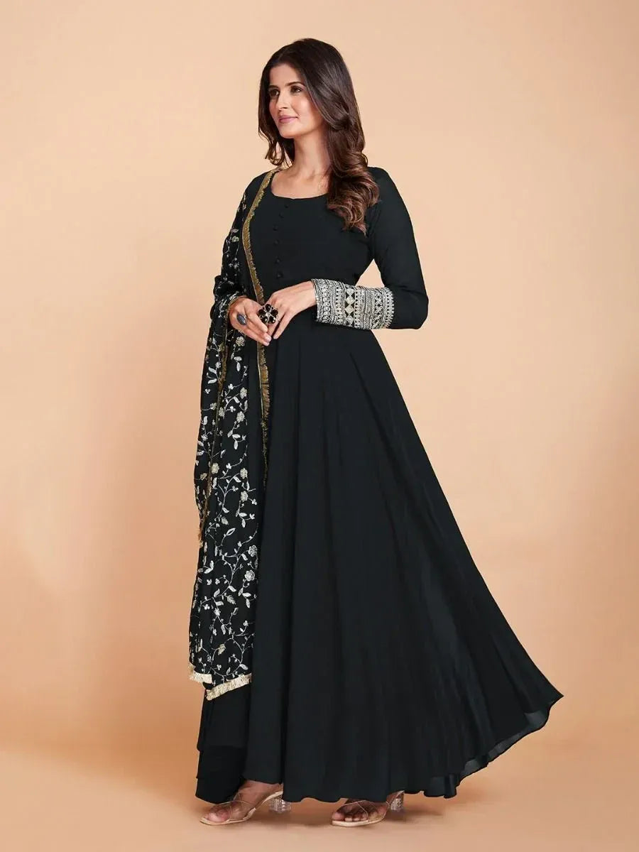 Black ethnic anarkali gown with embroidered dupatta, perfect for Indian occasions and festive wear