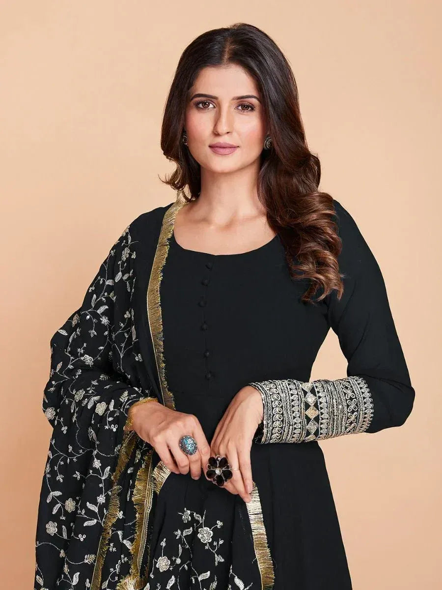 Black embroidered salwar kameez with gold trim and floral dupatta, Indian ethnic wear