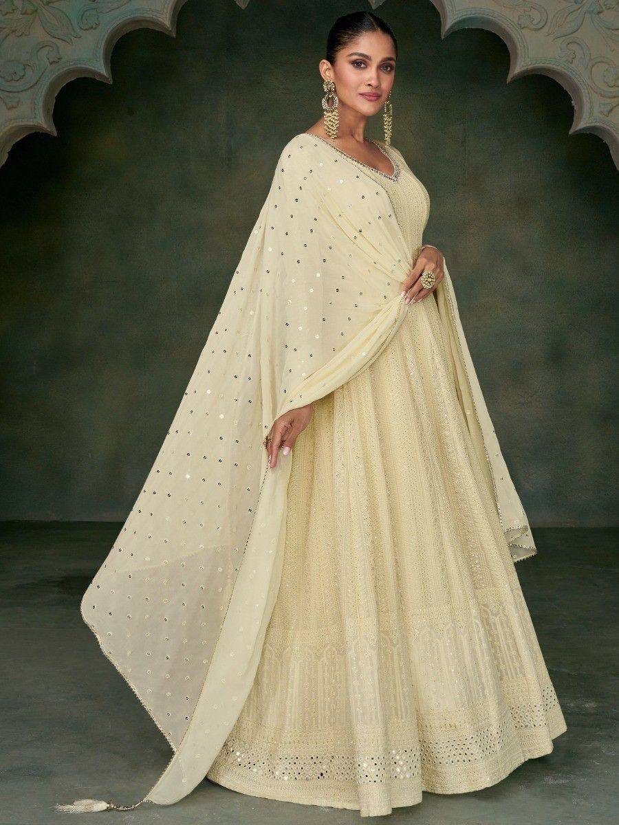 Cream embroidered lehenga choli with sequin dupatta, Indian ethnic wear for weddings and parties