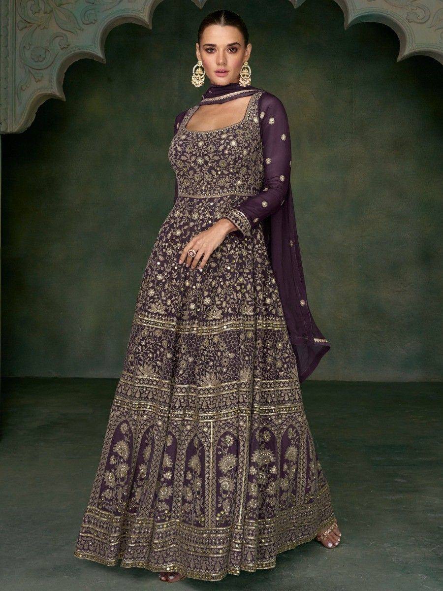 Purple embroidered anarkali gown with gold detailing, perfect for Indian ethnic wear occasions