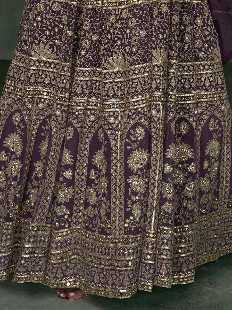 Purple lehenga with gold floral embroidery and mirror work, ethnic Indian wear