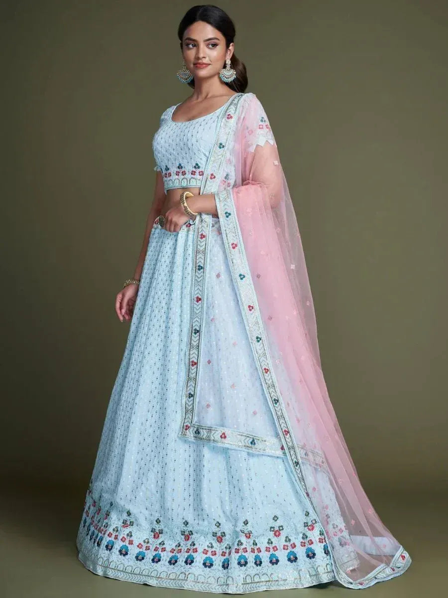 Light blue embroidered lehenga choli with pink dupatta, Indian ethnic wear for weddings and festivals