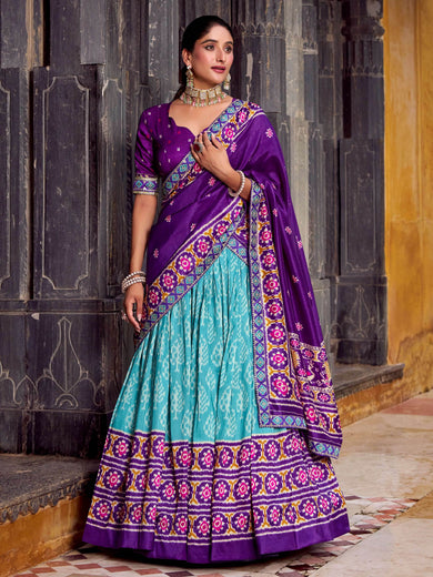 Mesmerizing Sky Blue Silk Ikkat Printed Festival Wear Lehenga Choli