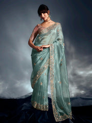 Artistic Sky Blue Organza Border Work Party Wear Saree With Blouse