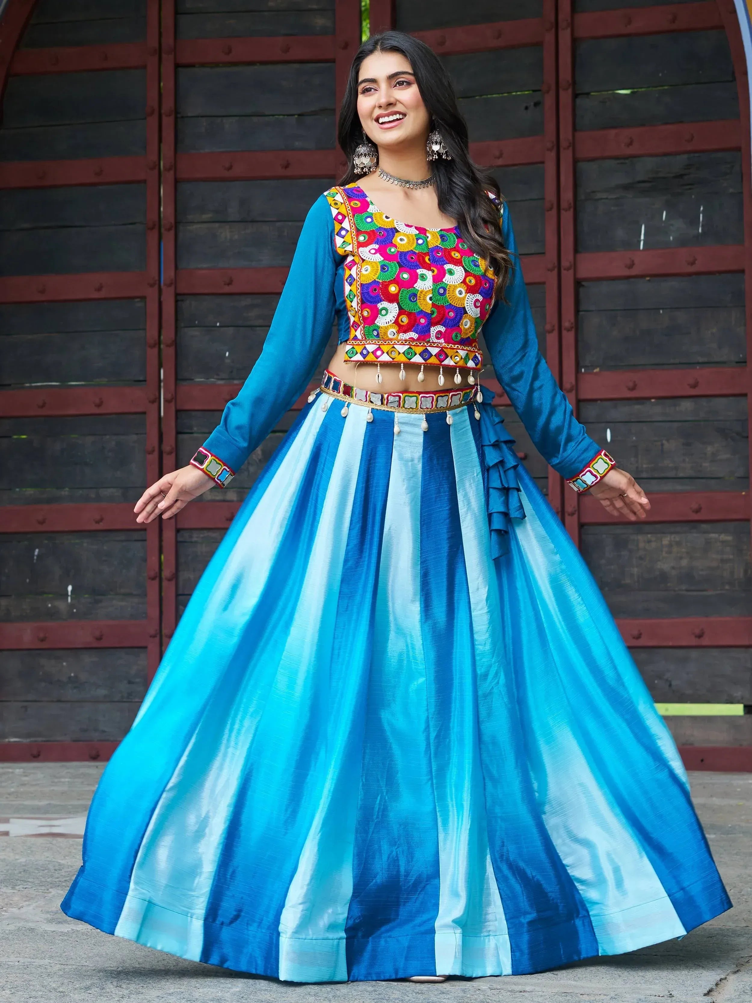 Blue ombre lehenga with colorful mirror work blouse, Indian ethnic wear for women