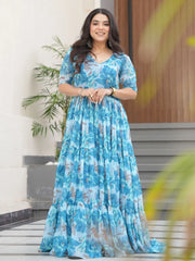 Stunning Sky Blue Georgette Floral Printed Traditional Gown