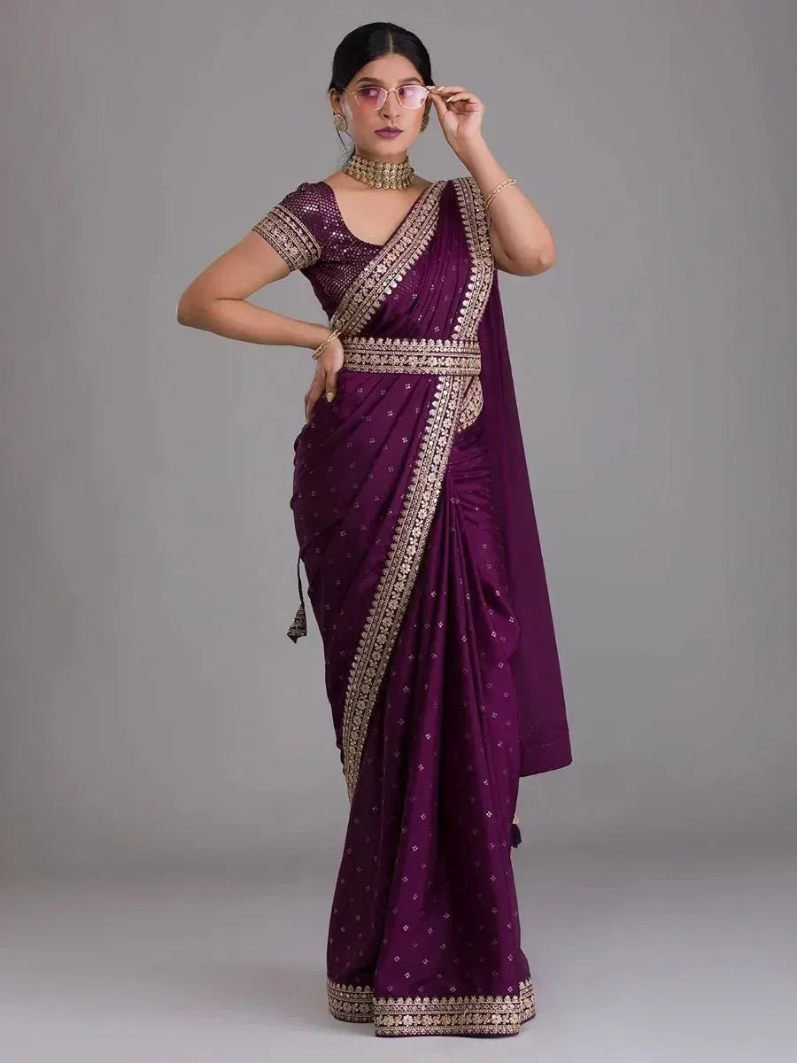 Elegant purple saree with gold embroidery, perfect for Indian ethnic wear occasions