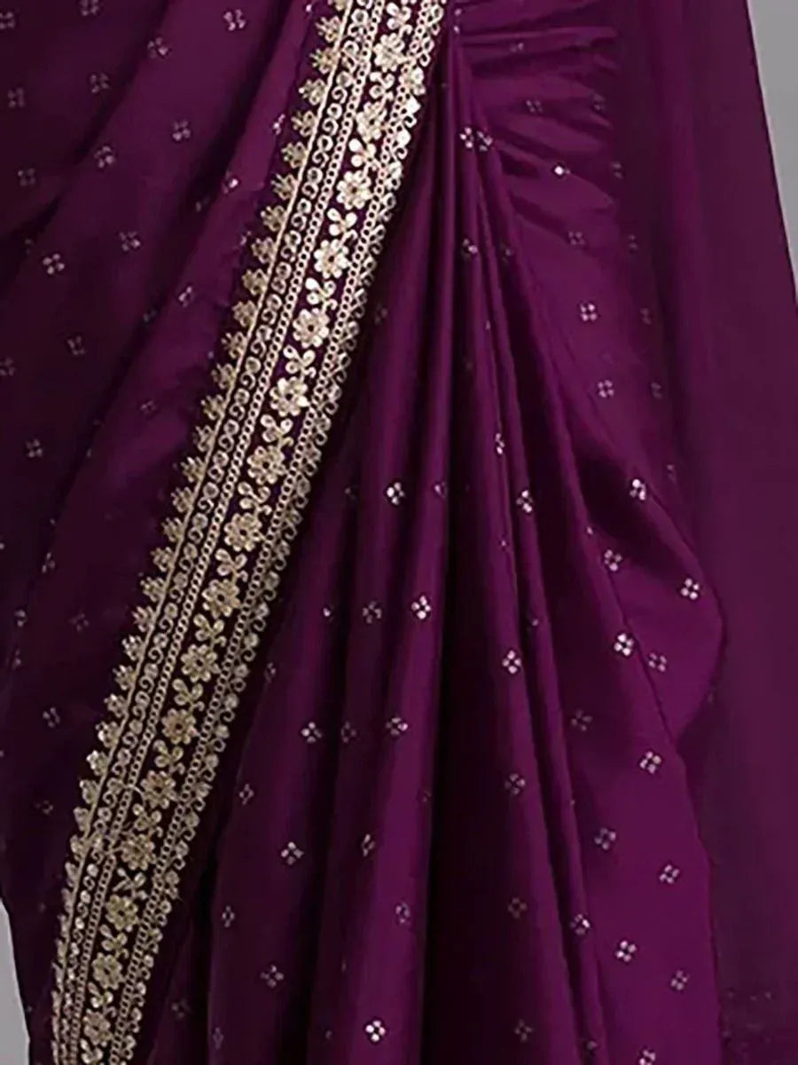 Purple saree with gold floral embroidery and delicate white motifs, ideal for Indian ethnic wear occasions.