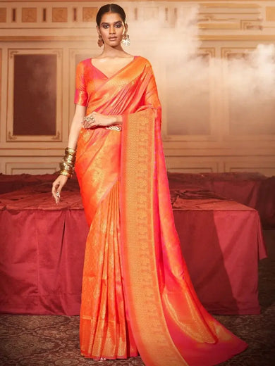 Alluring Peach Zari Weaving Engagement Wear Silk Saree With Blouse