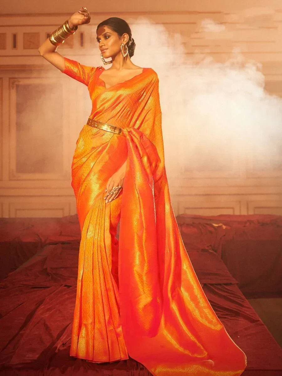 Incredible Golden Zari Weaving Silk Wedding Wear Saree With Blouse