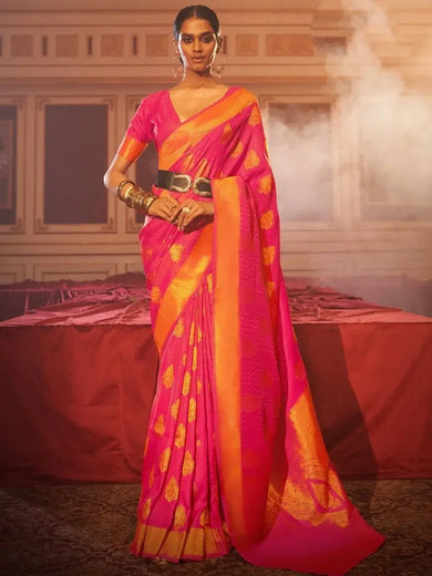 Glamorous Hot Pink Zari weaving Silk Reception Wear Saree