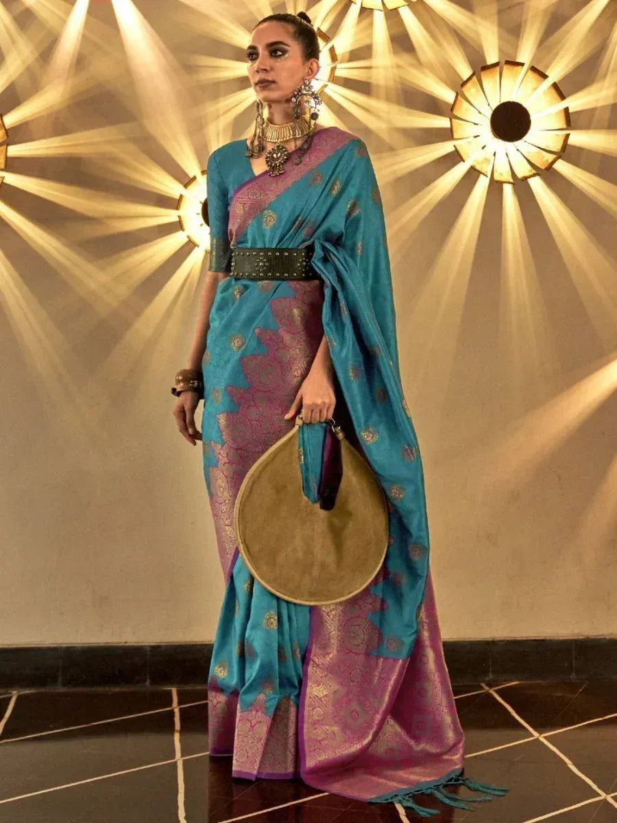 Glamorous Blue Zari Woven Handloom Silk Reception Wear Saree