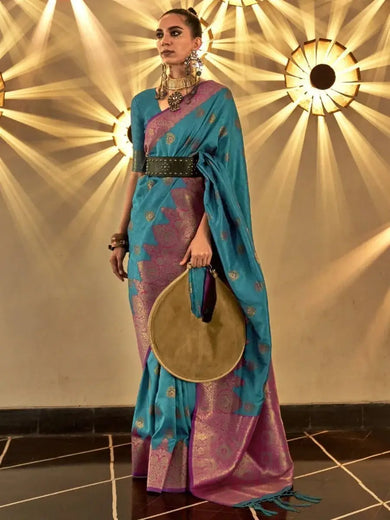 Glamorous Blue Zari Woven Handloom Silk Reception Wear Saree