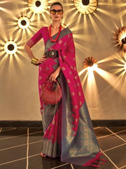 Prodigious Dark Pink Heavy Weaving Handloom Silk Sangeet Wear Saree